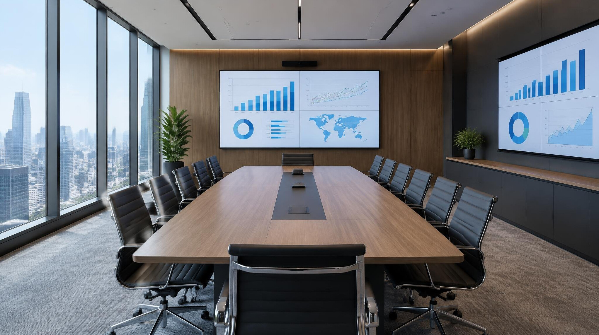 Empty modern conference room with screens showing charts