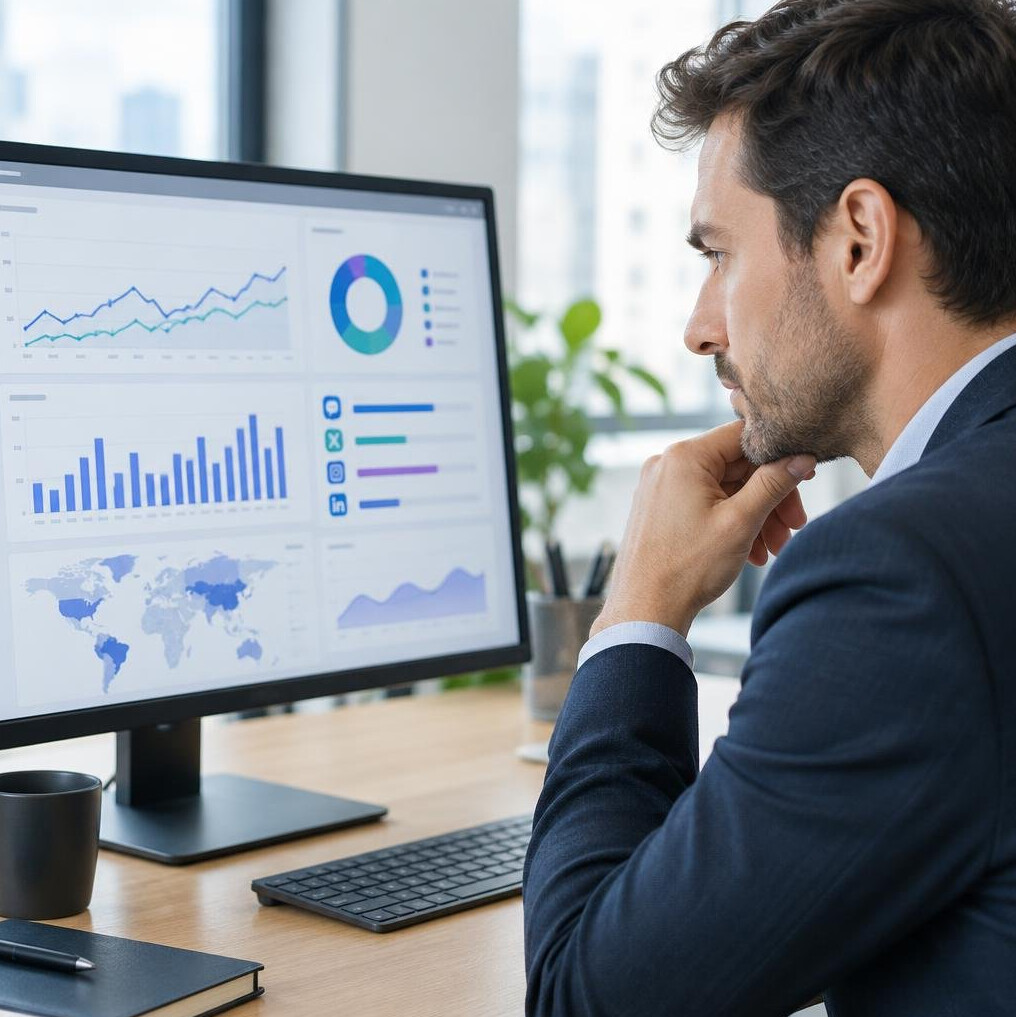 Professional analyzing communication data on a screen