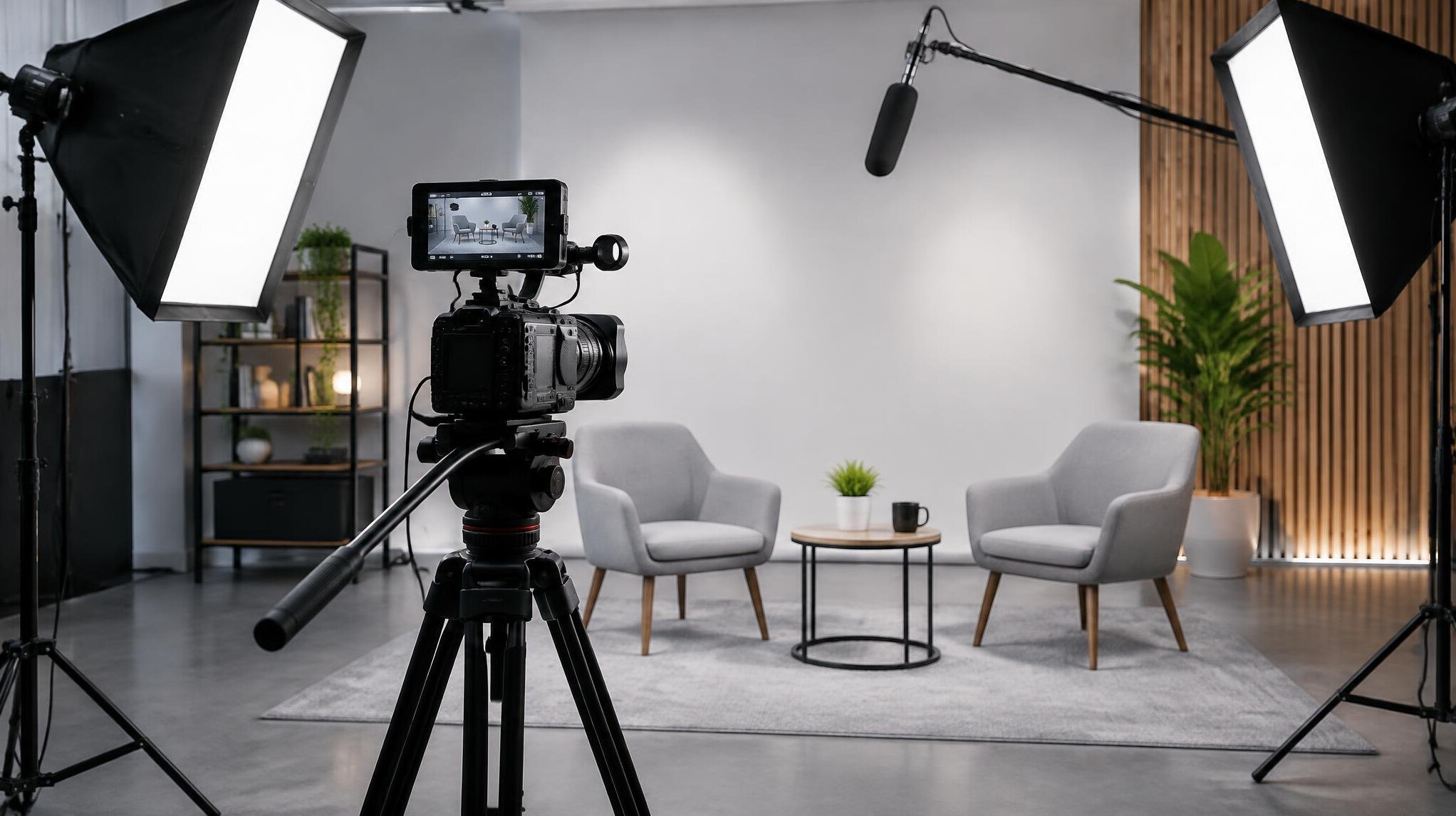 Corporate video production studio with camera and lighting
